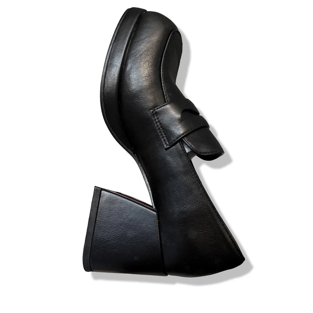 NIB Womens Black Platform Chunky Heel Loafer Shoes Square Toe Retro Style Sz 5